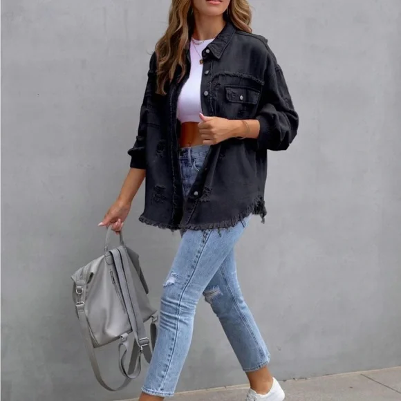 Distressed Black Denim Jacket Sz 14 - Picture 6 of 11